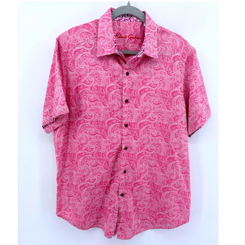 Robert Graham Mens Large Pink Paisley Jacquard Short Sleeve Button Down Shirt